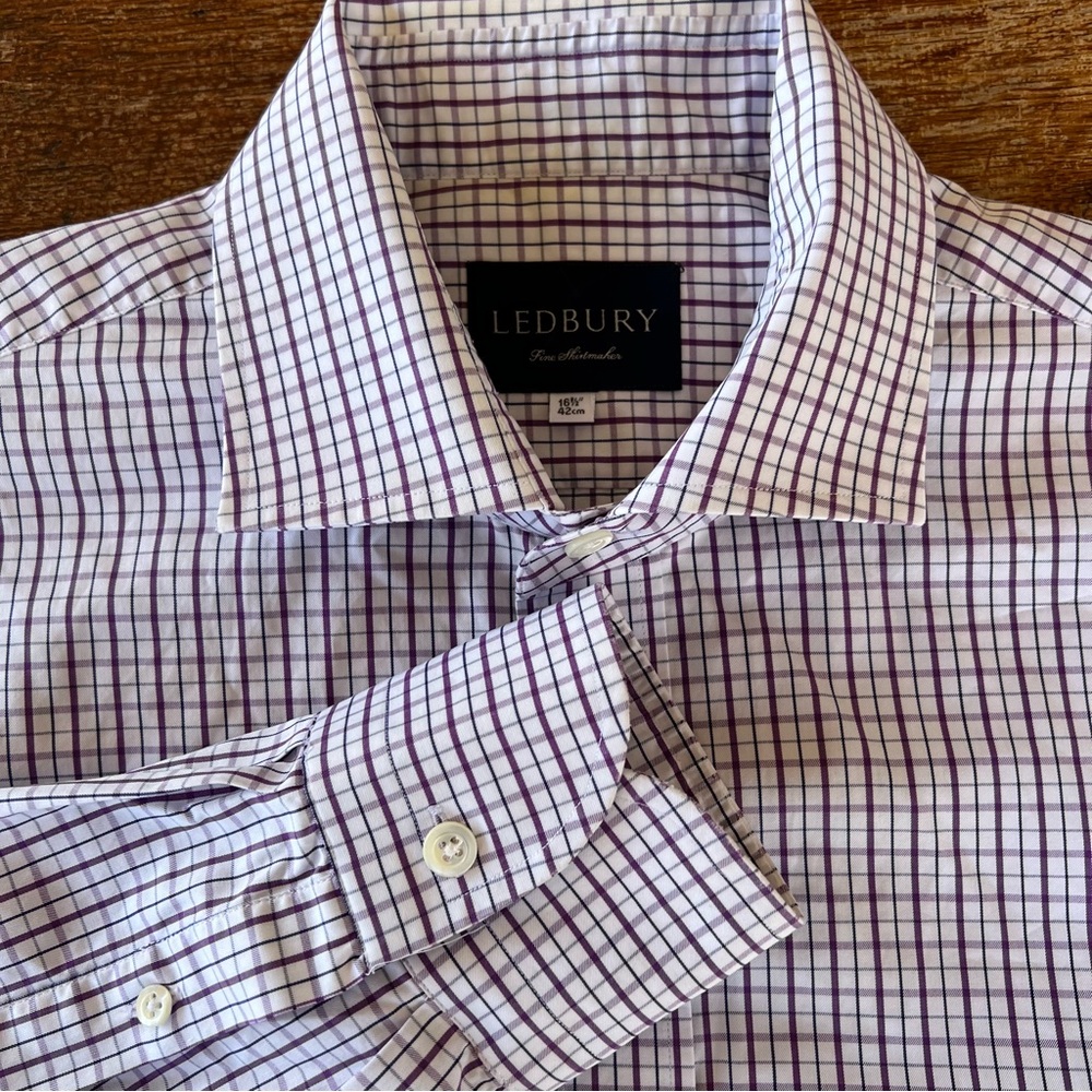 Ledbury Men’s Dress Shirt purple White Plaid Long Sleeve Button Up Cotton 16 1/2